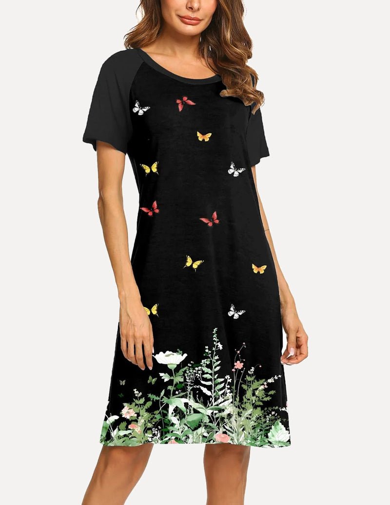 Black short-sleeve nightdress with colorful butterflies and garden flower print