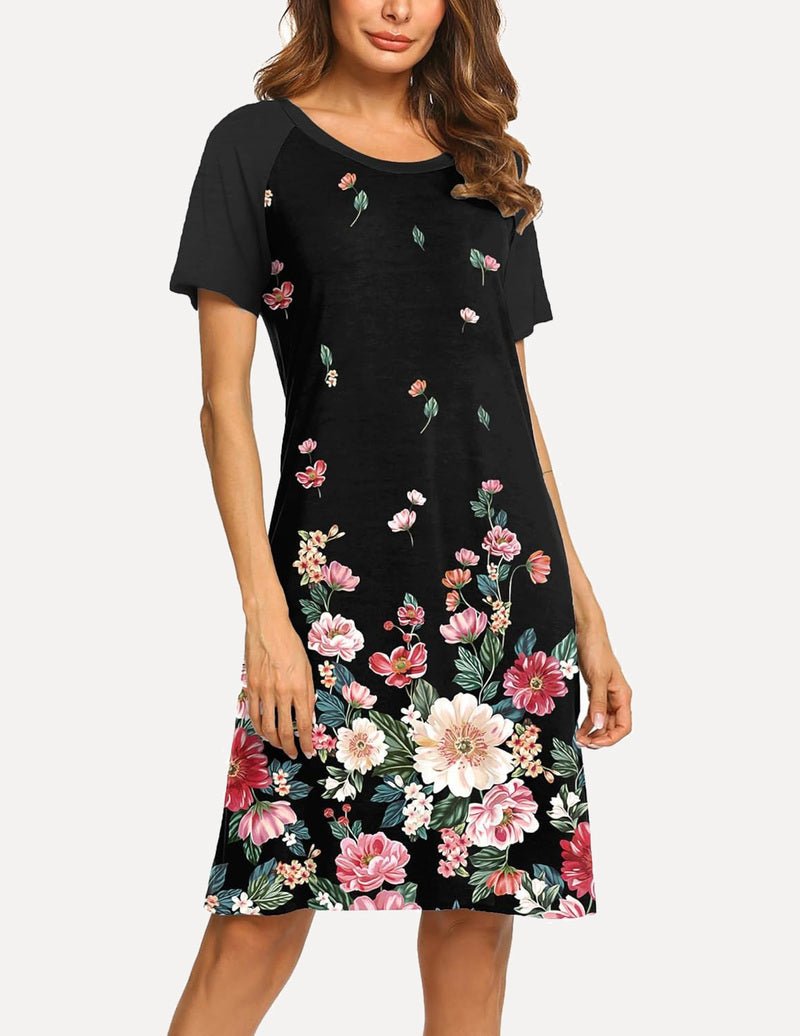 Black short-sleeve night dress with colorful floral print and round neckline