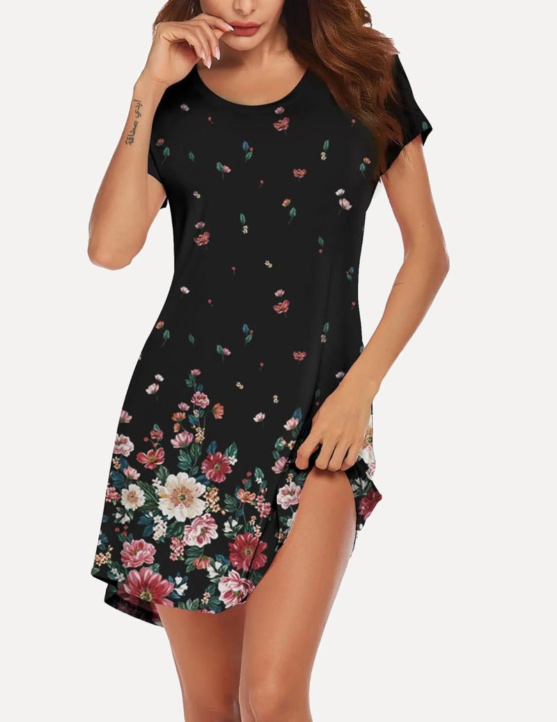 Black short-sleeve nightdress with pink floral print and side slit