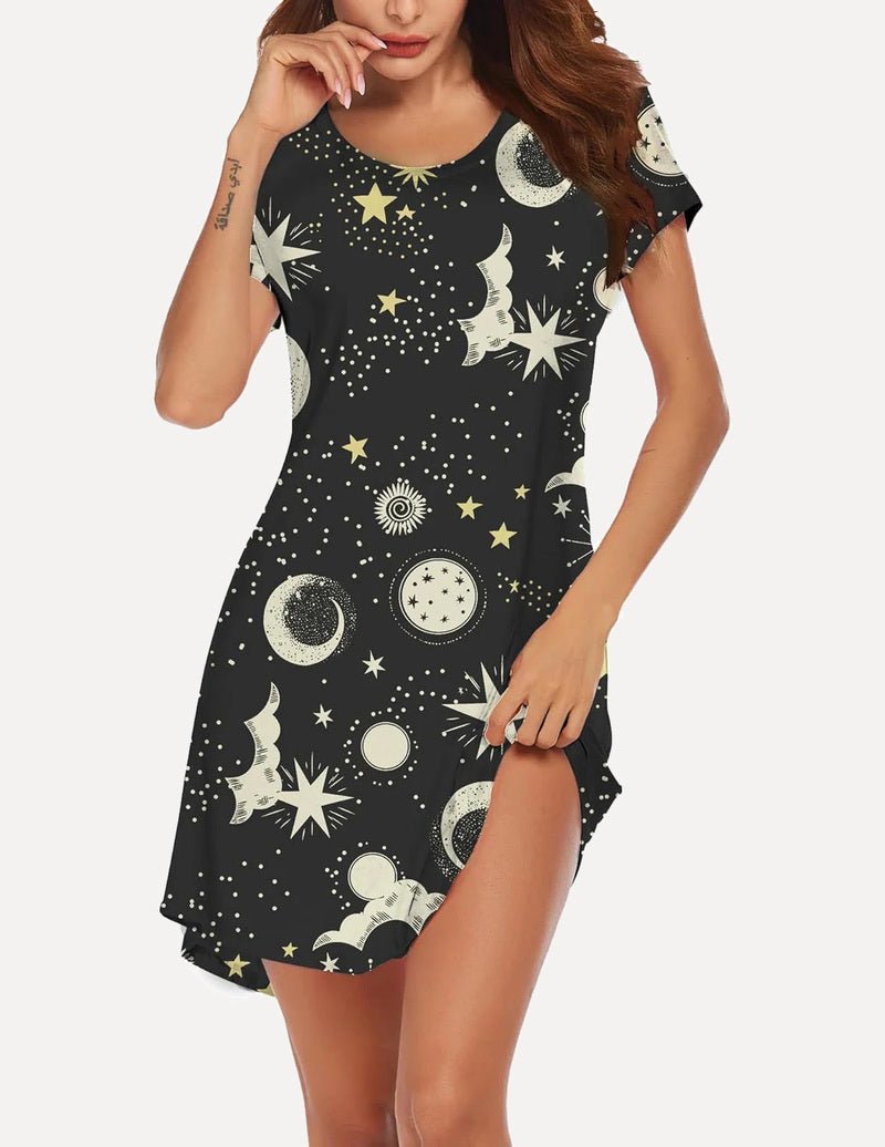 Black short-sleeve nightdress with stars, moons, and planets print