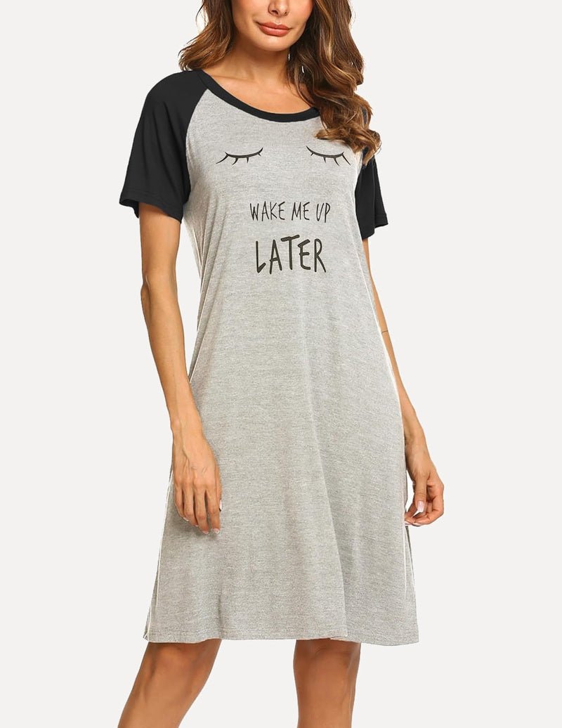 Grey nightdress with black raglan sleeves and “WAKE ME UP LATER” slogan