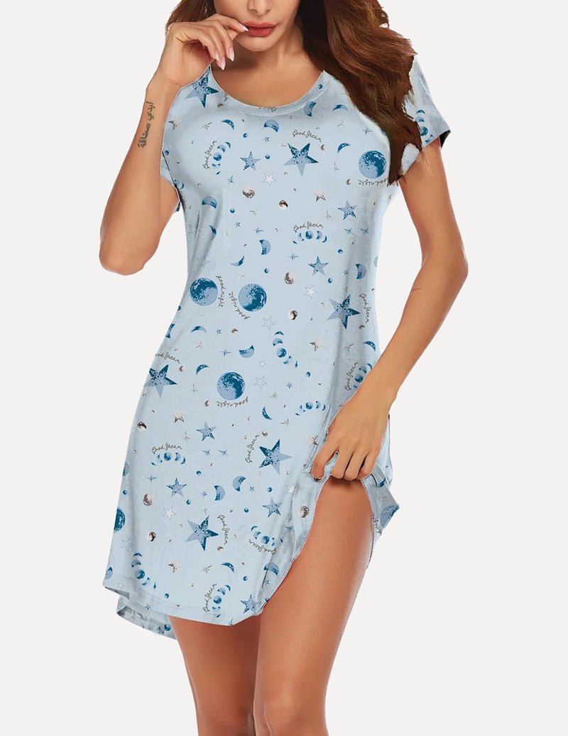 Light blue short-sleeve nightdress with celestial moon and star print