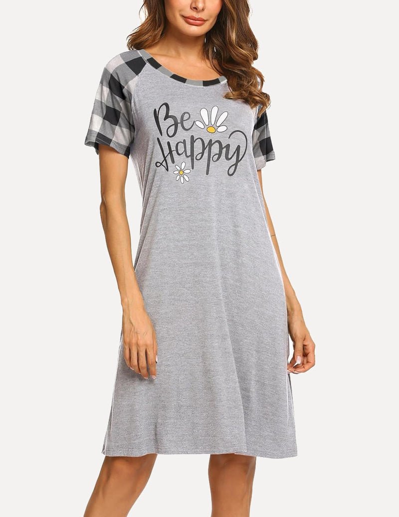 Grey short-sleeve nightdress with “Be Happy” lettering and daisy graphic