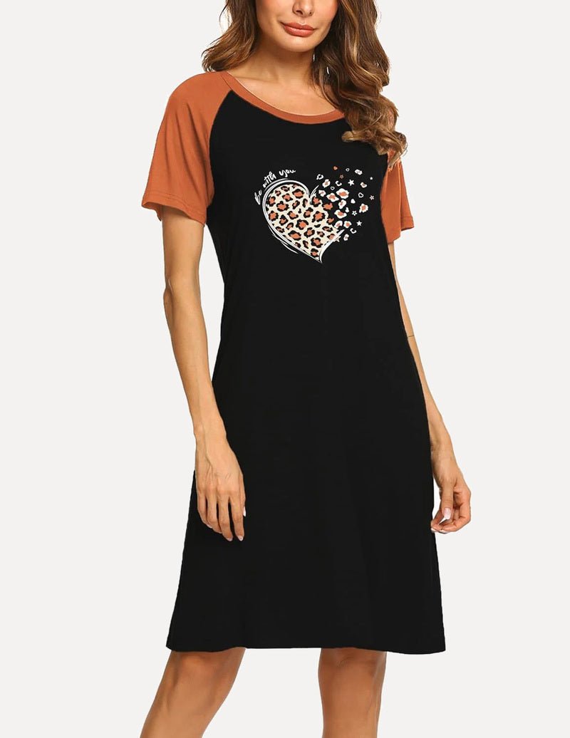 Black nightdress with tan raglan sleeves and leopard heart graphic