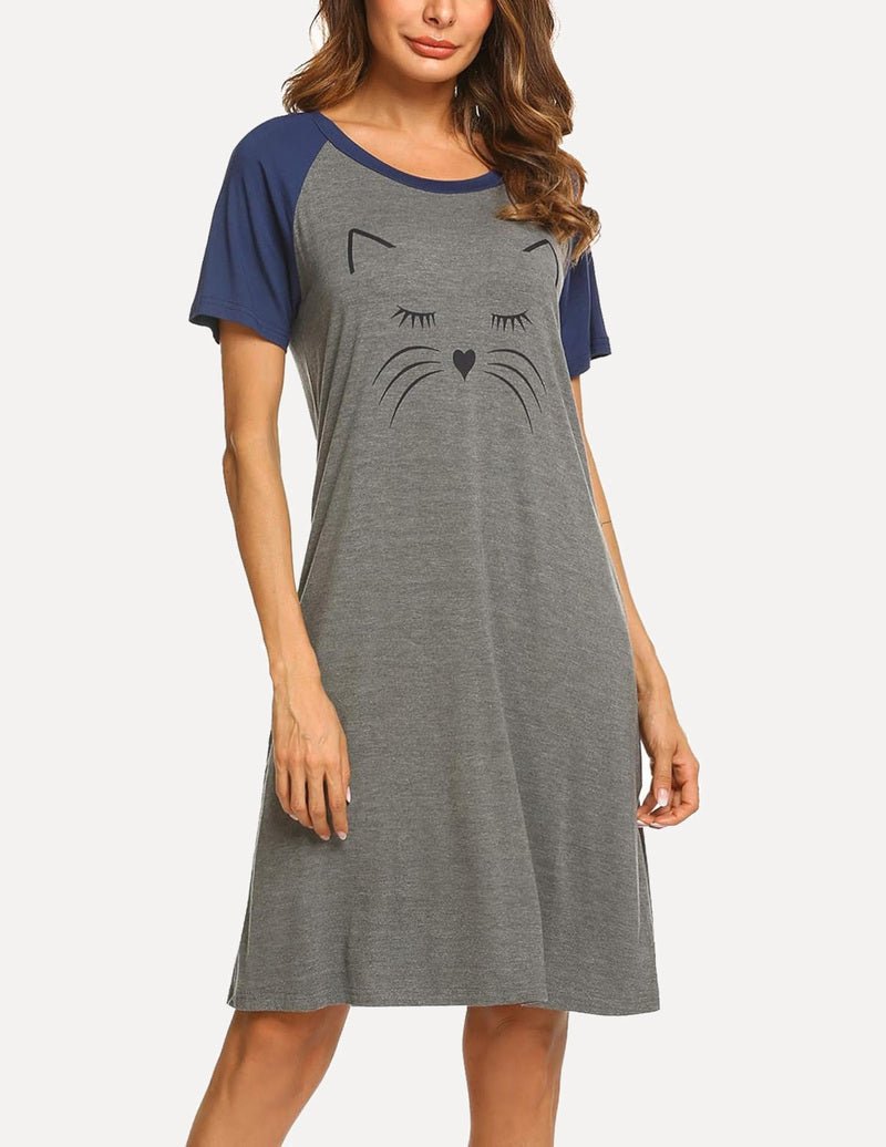 Grey and navy short-sleeve night dress with cat face graphic on front