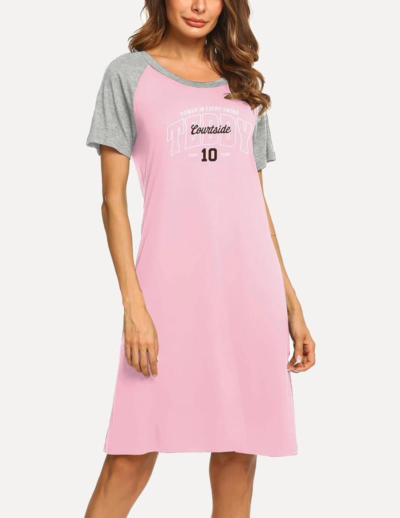 Pink and grey short-sleeve night dress, raglan sleeves, “Courtside 10” front print