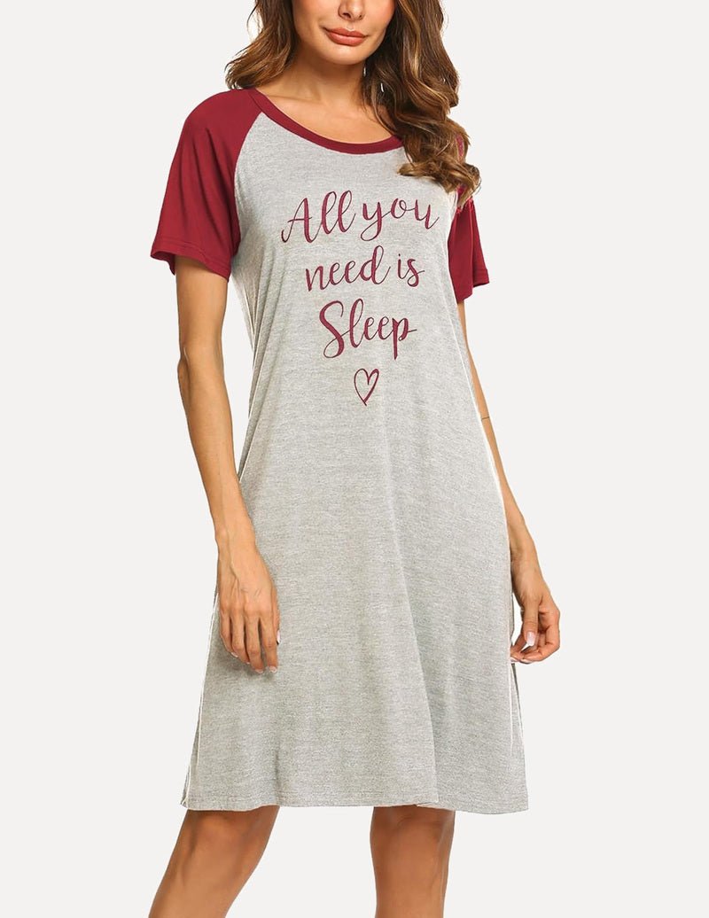 Teddy short-sleeve night dress, heather grey with maroon sleeves and 'All you needs is Sleep' print