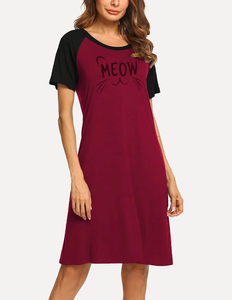 Wine red nightdress with black raglan sleeves and “MEOW” cat face graphic