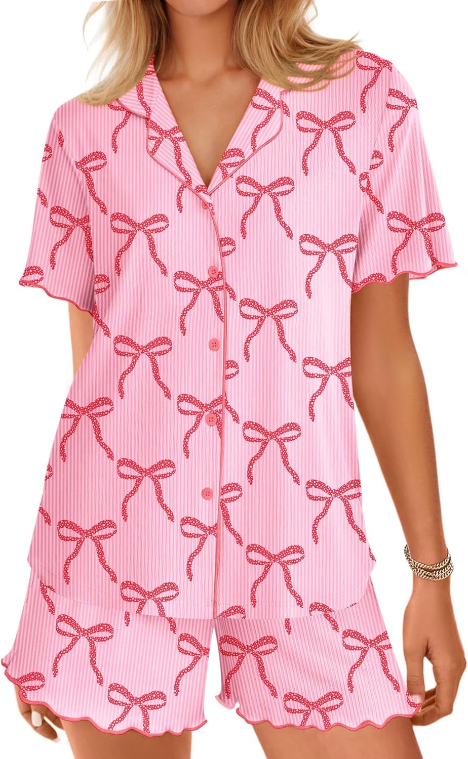 Pink pajama set with bow pattern short-sleeve button top and matching shorts