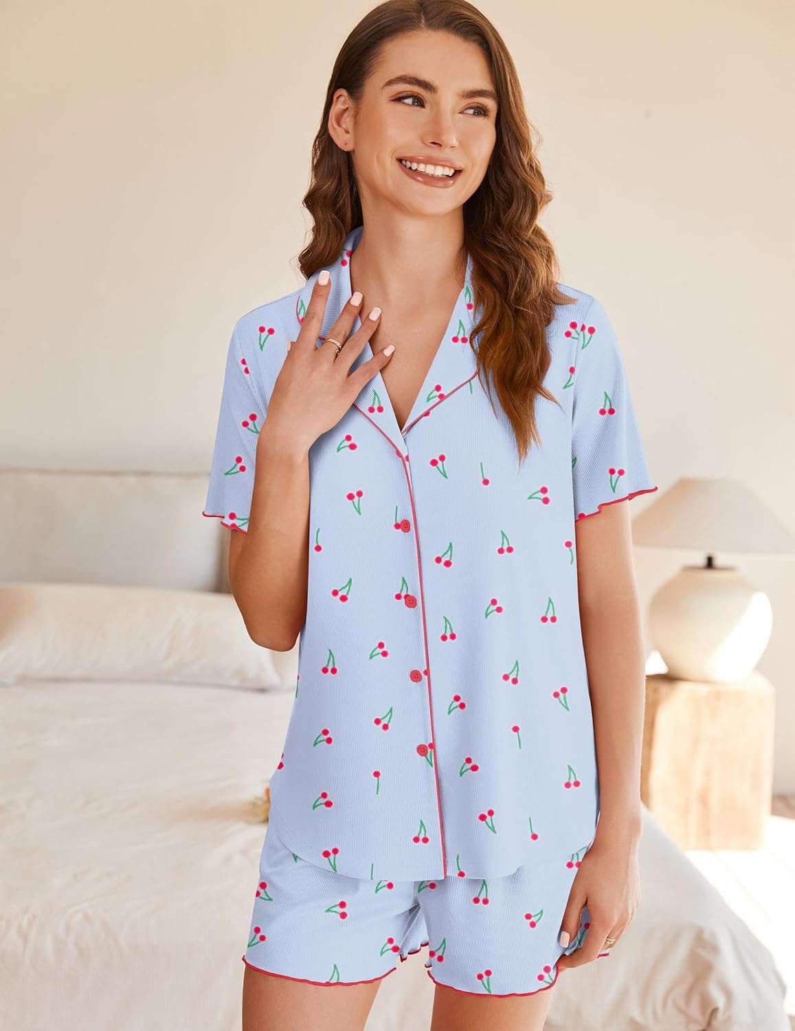Light-blue ribbed pajama set with button front, cherry print, scalloped hem on shorts
