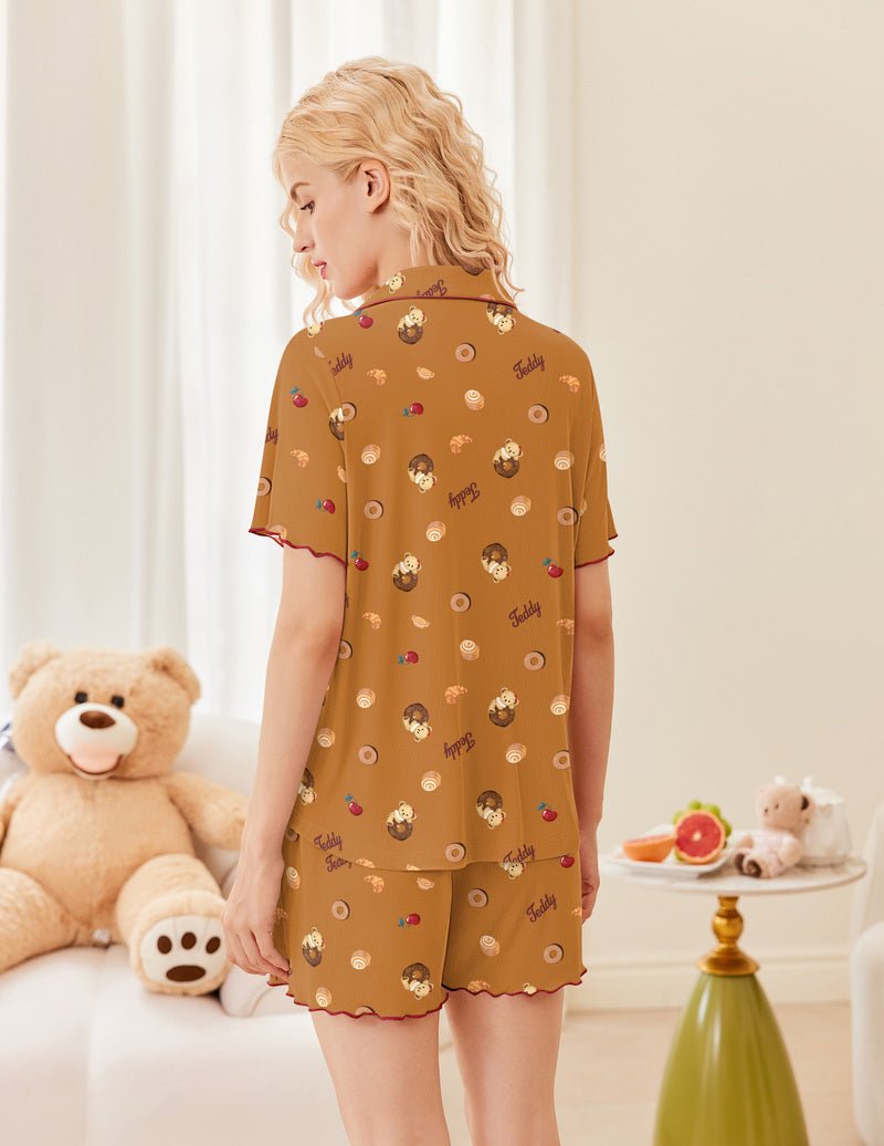 Teddy Short Sleeve Ribbed Knit PJ set—brown/tan with teddy-face print and matching shorts