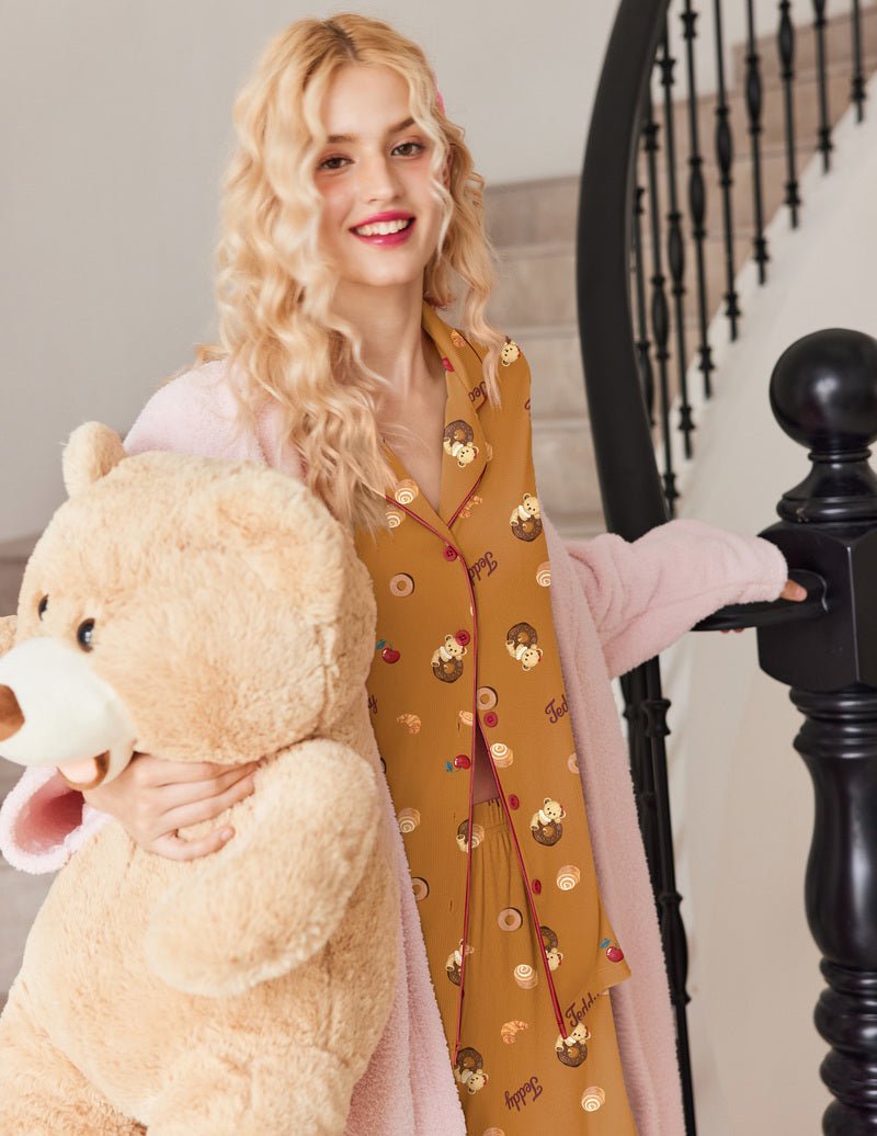 Teddy 2-piece PJ set—tan/brown short-sleeve button top with teddy print and shorts