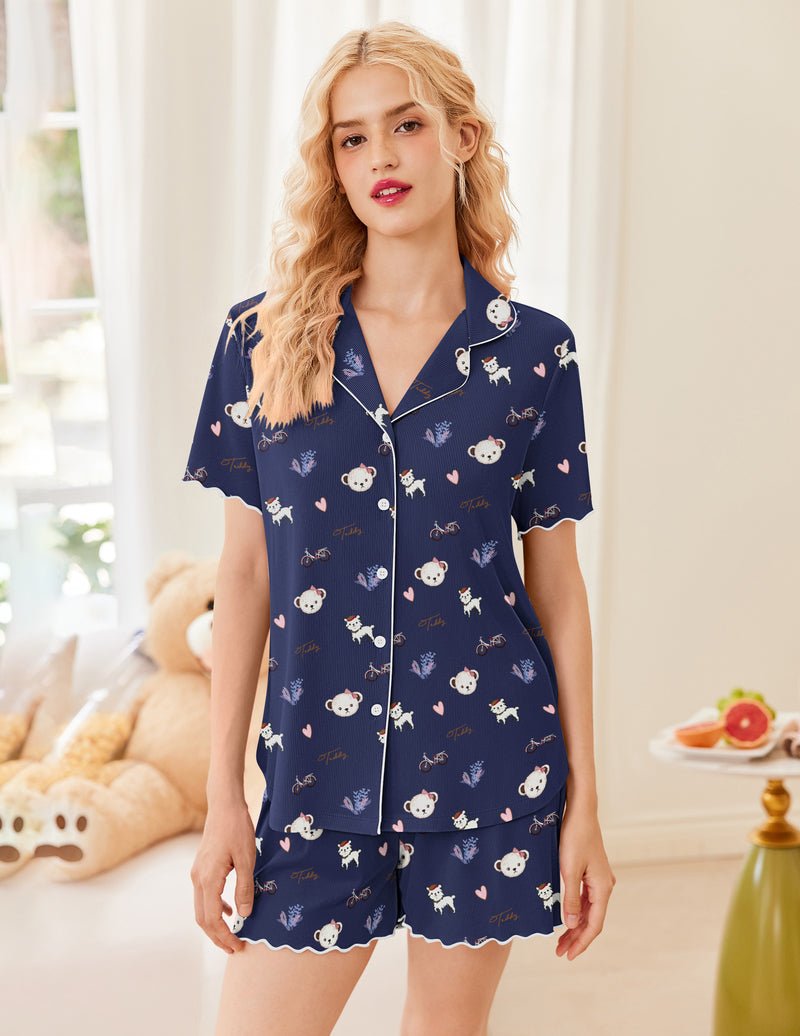 Dunkelblaues Teddy-Print Kurzarm-Set mit Knopfleiste und kurzen Shorts, Volant-Saum