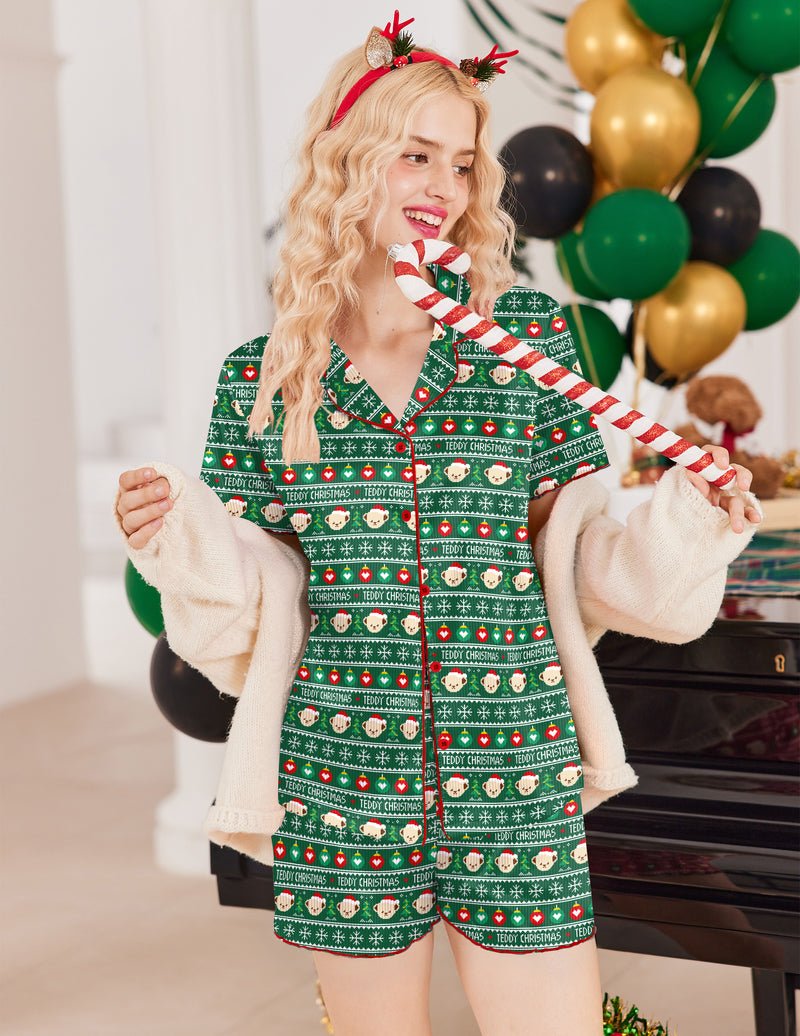 Green Christmas teddy pajama set with short-sleeve top and scalloped knit shorts