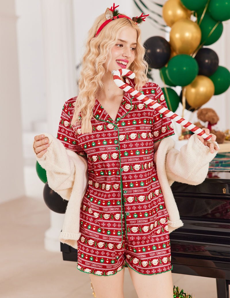 Red Christmas teddy pajama set with short-sleeve top and ribbed knit shorts