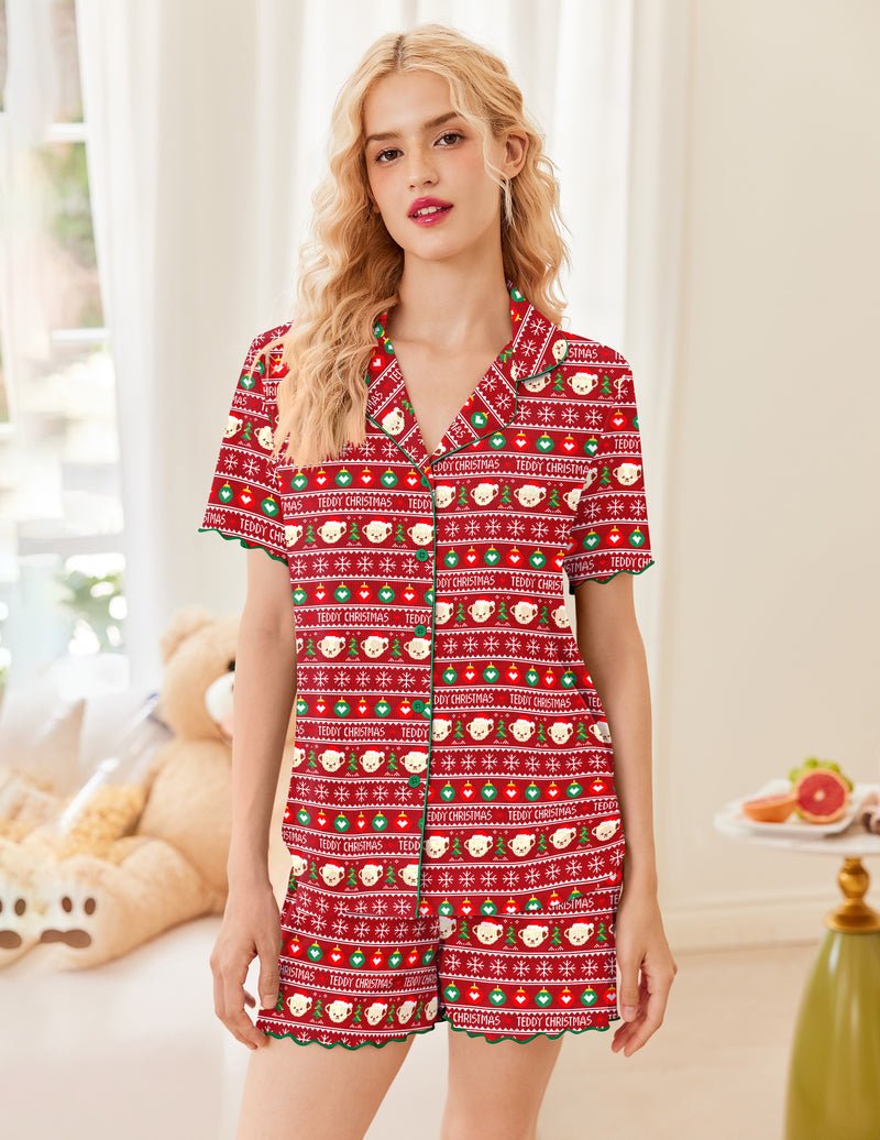 Red Christmas teddy 2-piece pajamas: short-sleeve button shirt and matching shorts