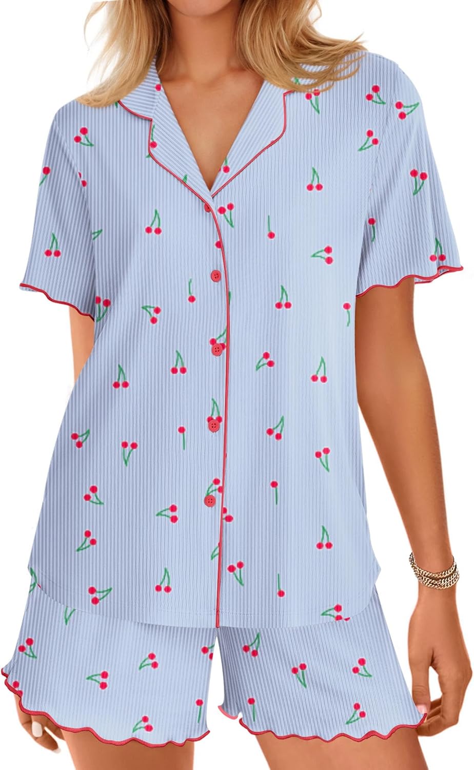 Blue ribbed knit pajama set with button front and cherry print, short sleeves & shorts