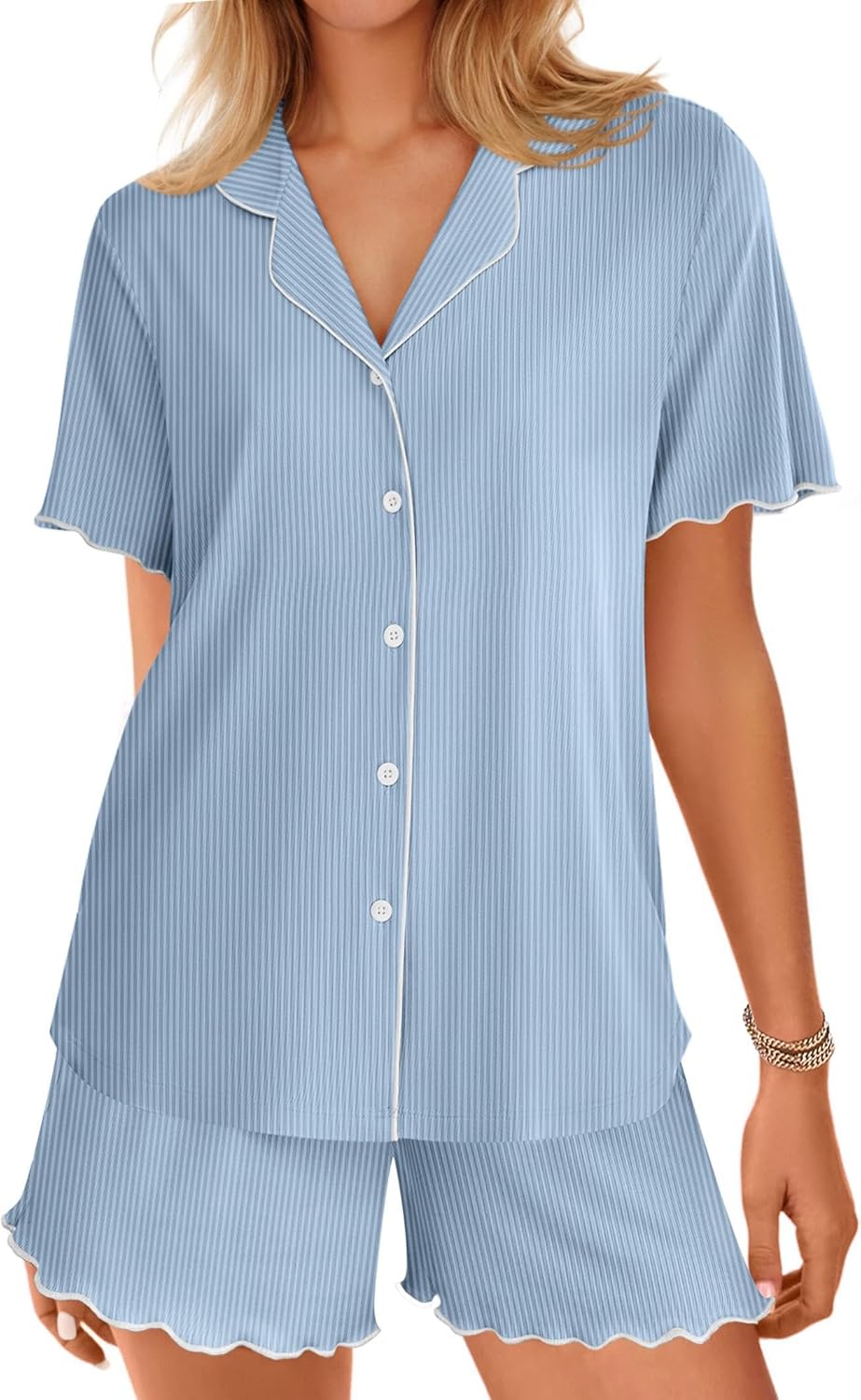 Light blue ribbed short-sleeve button pajama set with matching shorts and scalloped hem