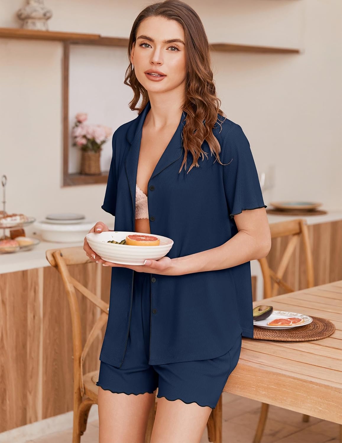 Navy short-sleeve button pajama set with matching elastic-waist shorts, ribbed knit