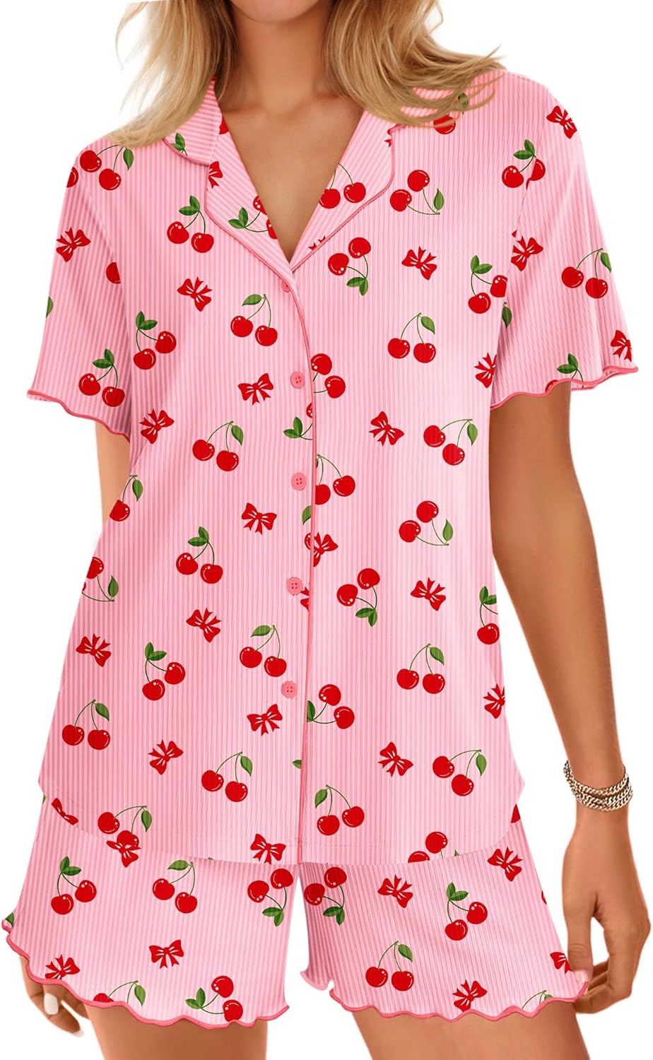 Pink cherry print short pajama set with short-sleeve button top and scallop hem shorts