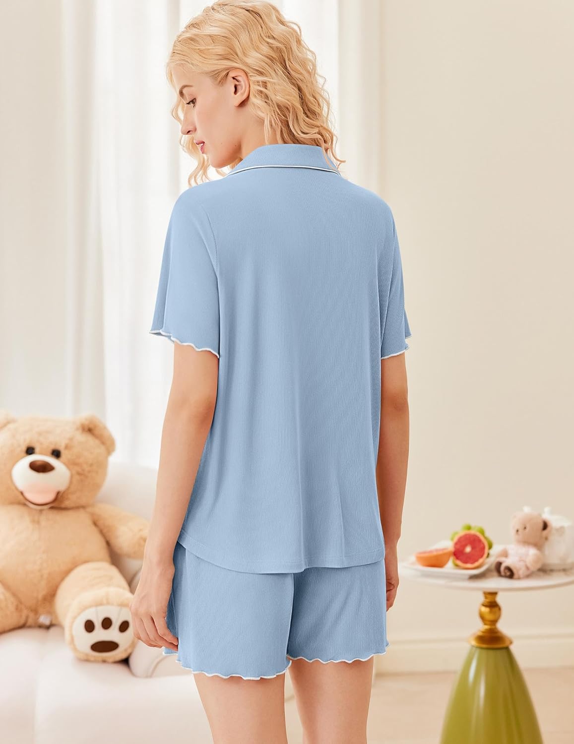 Light blue pajama set, short-sleeve button top and matching shorts with scalloped edges