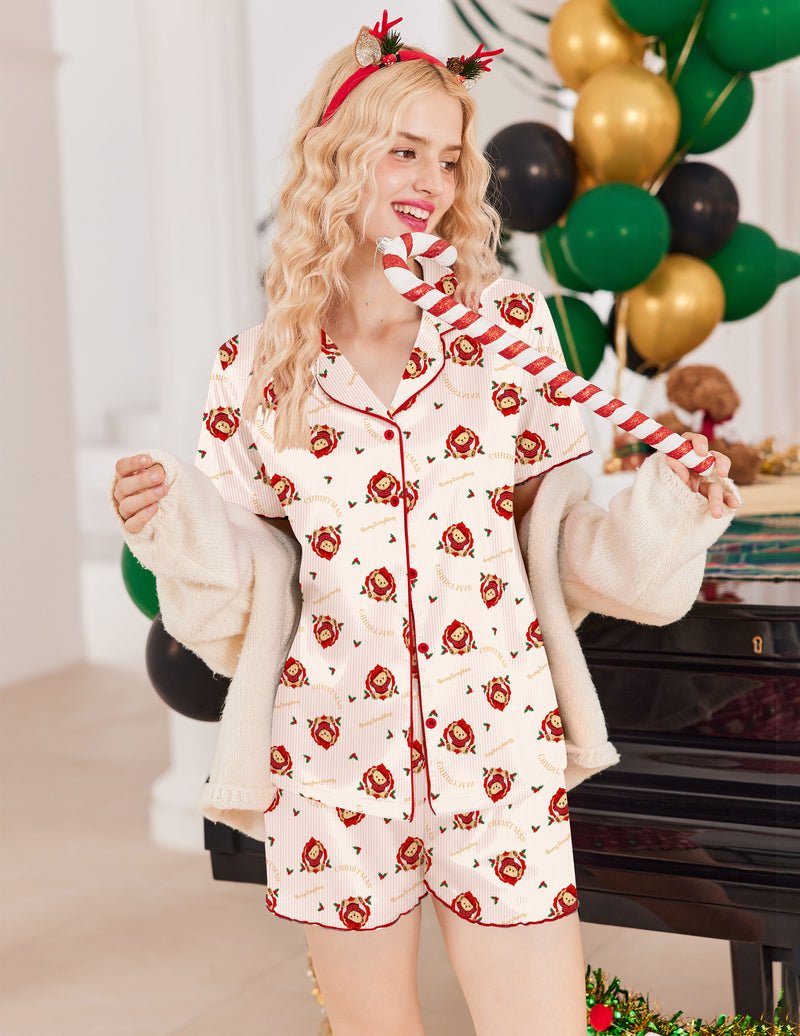 Christmas teddy print short-sleeve pajama set with button front top and matching shorts