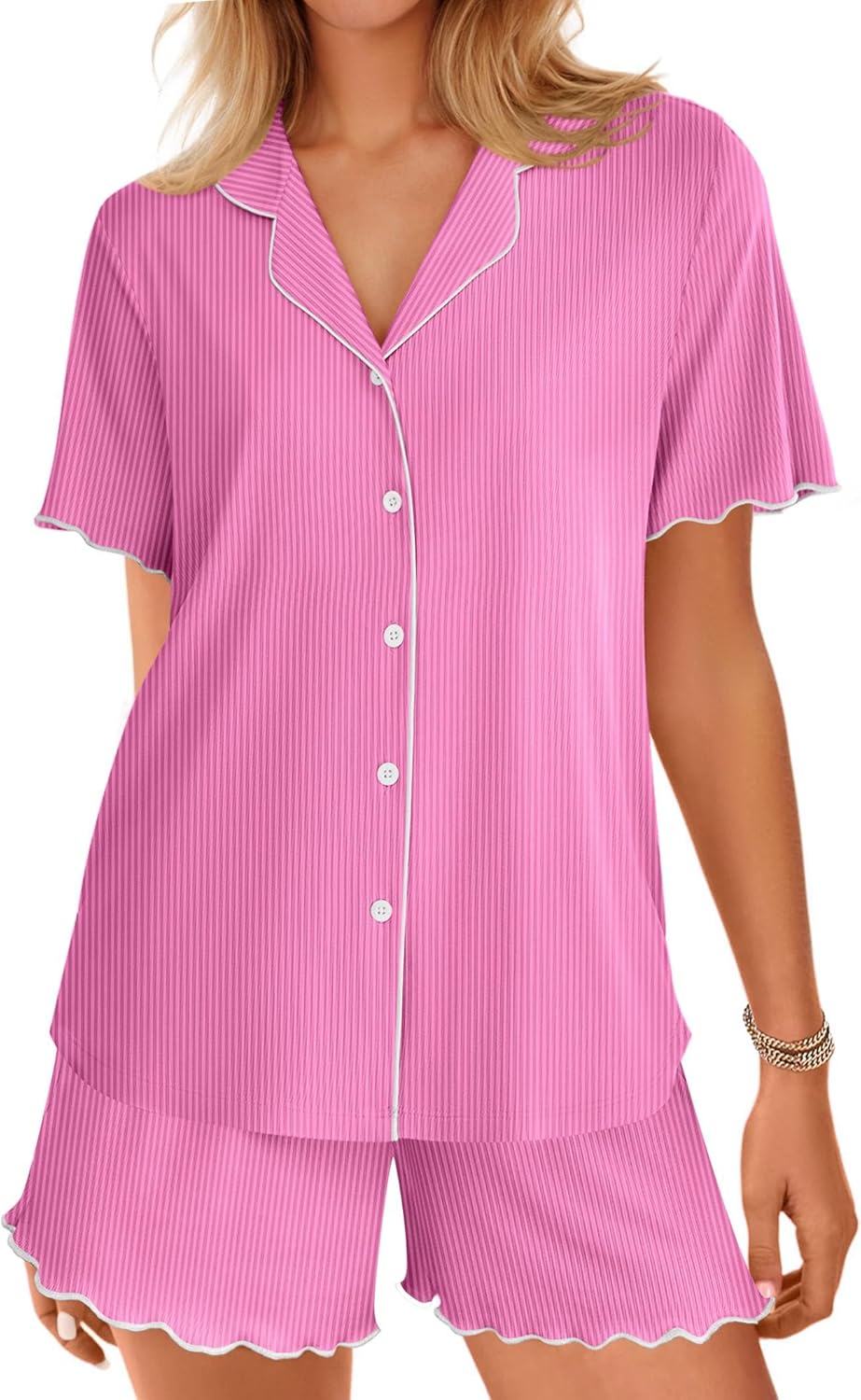 Pink ribbed knit pajama set with button-up short sleeves and matching shorts