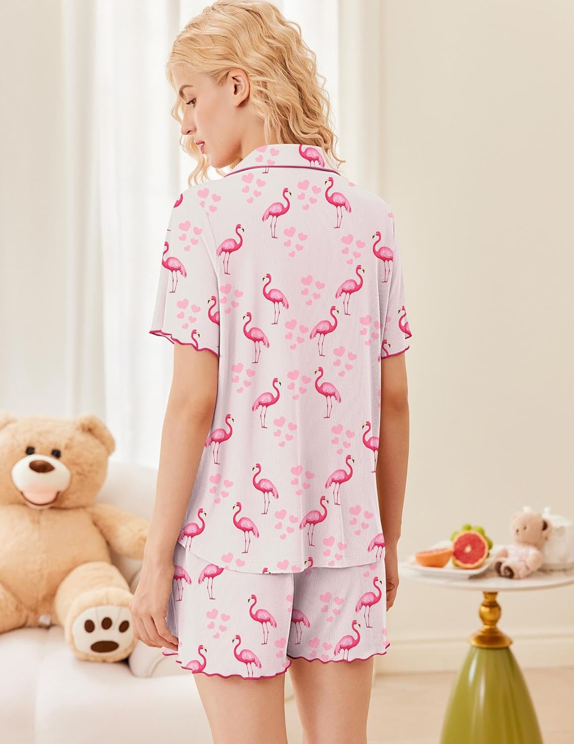 White ribbed pajama set, back view with flamingo print and matching shorts