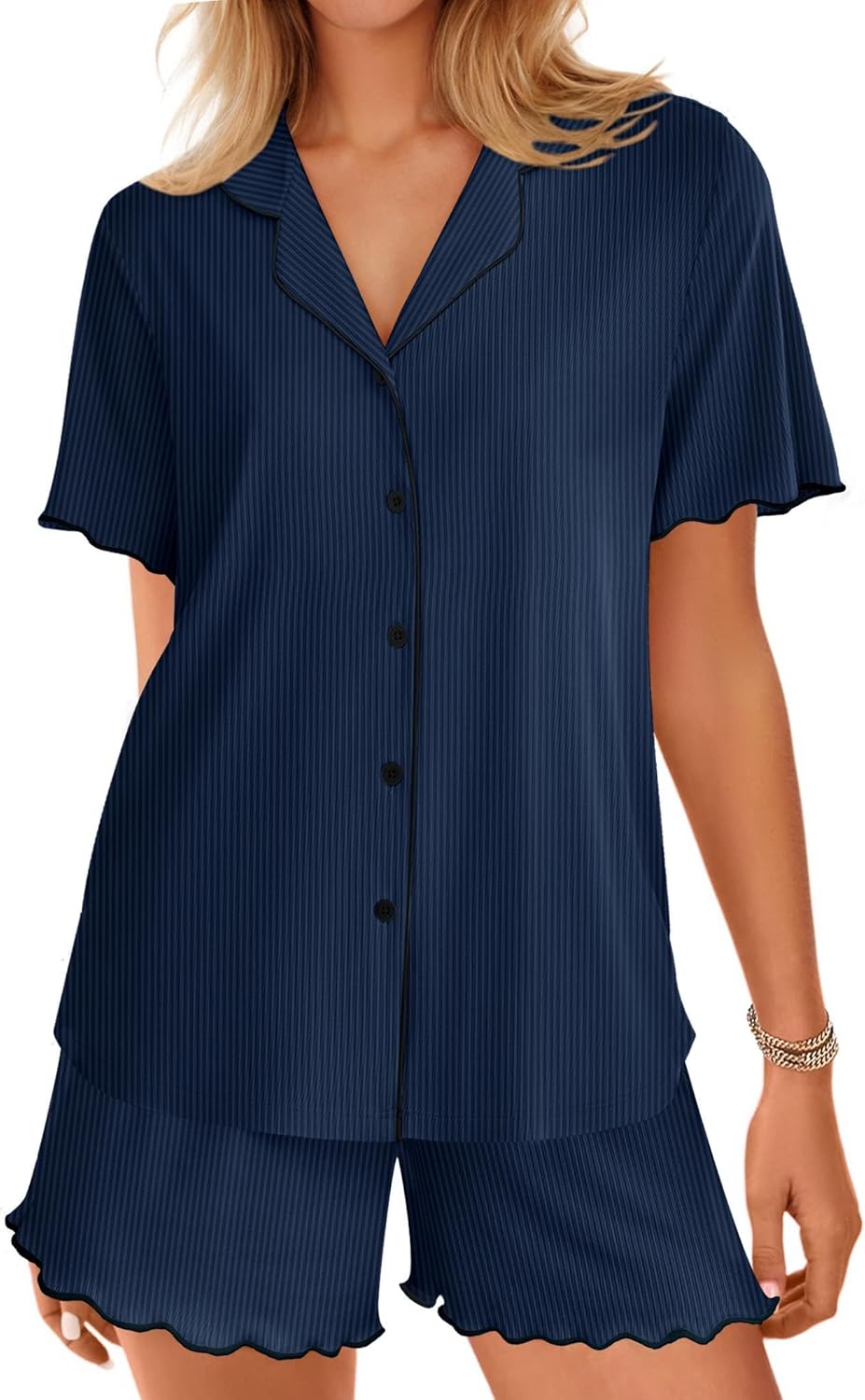 Teddy Short Sleeve Ribbed Knit PJ set—navy blue short-sleeve button top and matching shorts