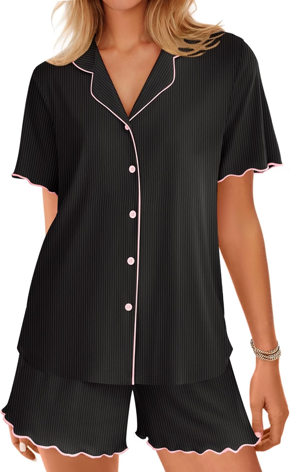 Black ribbed knit pajama set with short sleeves button front and matching shorts