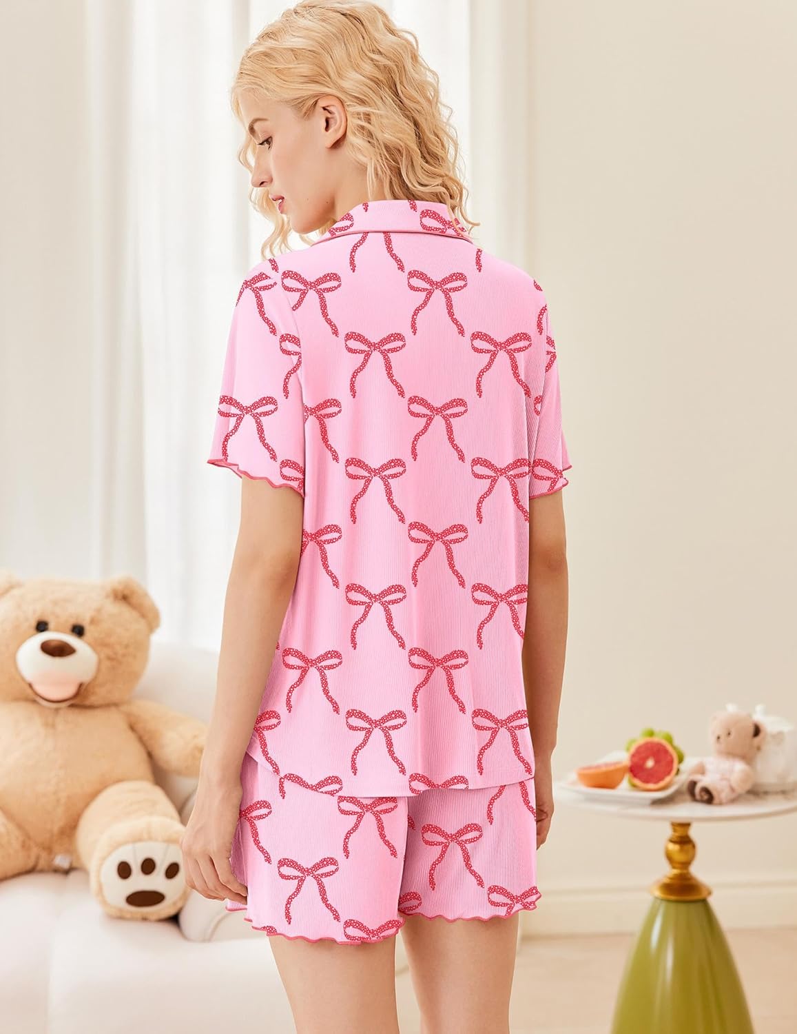 Teddy Short Sleeve Ribbed Knit 2-Piece PJ set—pink with bow pattern and matching shorts