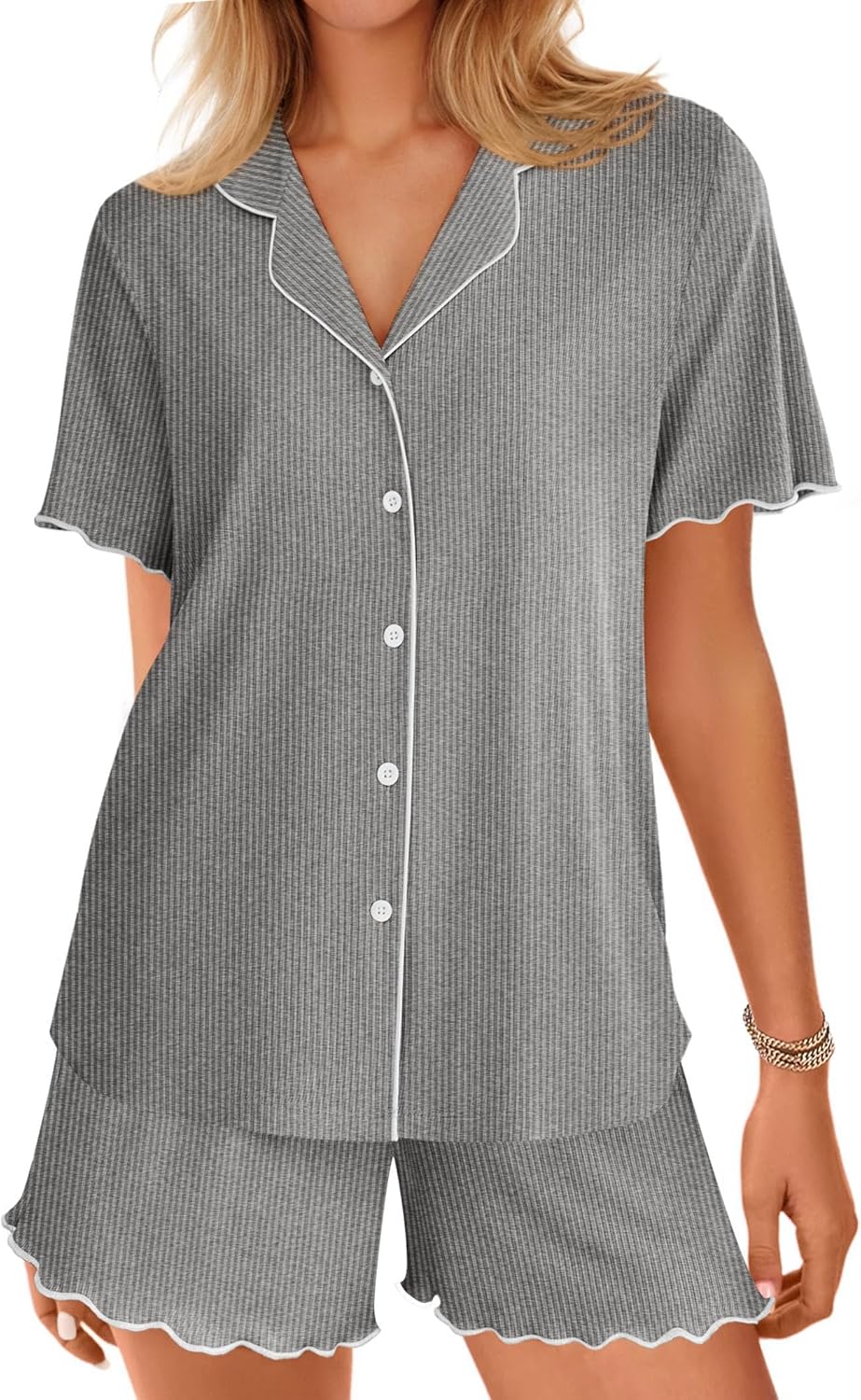 Teddy Short Sleeve Ribbed Knit PJ set in dark grey, short-sleeve button top and shorts