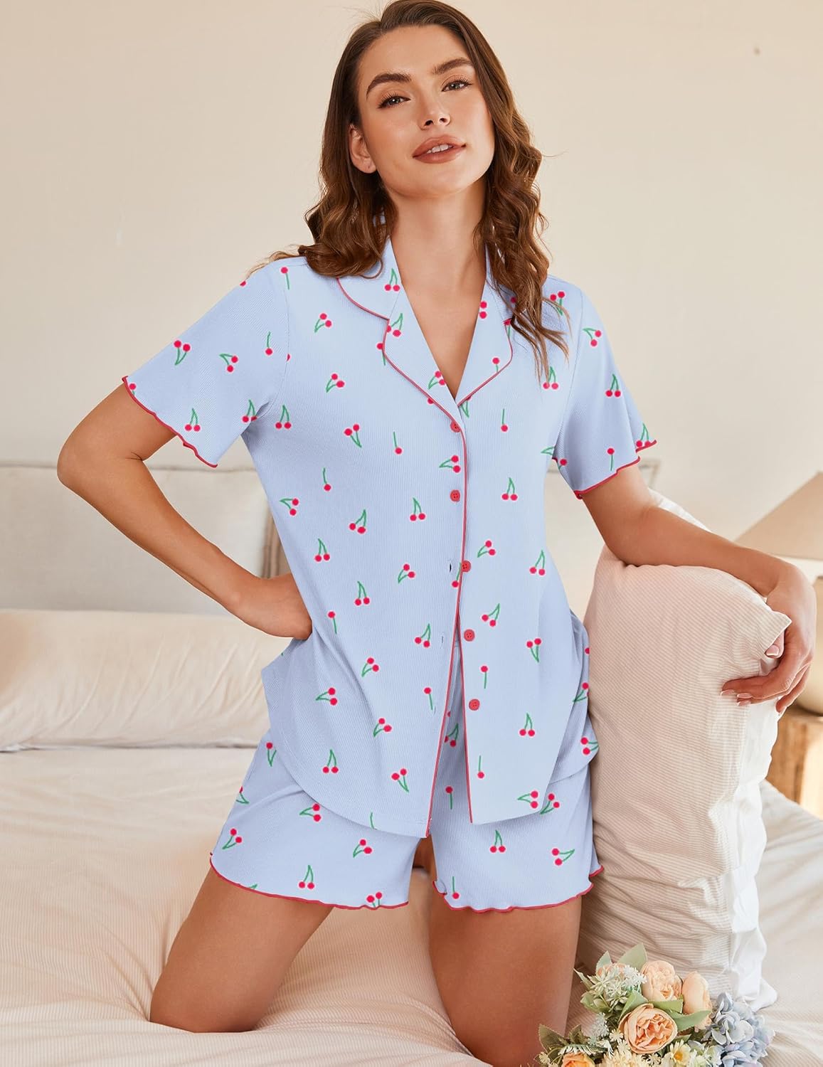 Light-blue ribbed pajama set with cherry print, V-neck collar, matching shorts