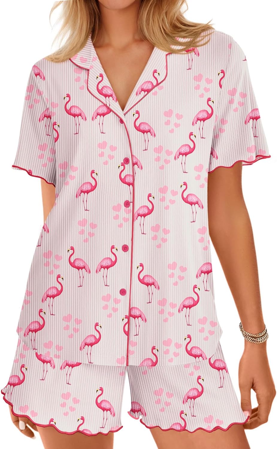 Flamingo ribbed pajama set with pink trim, button front top and matching shorts