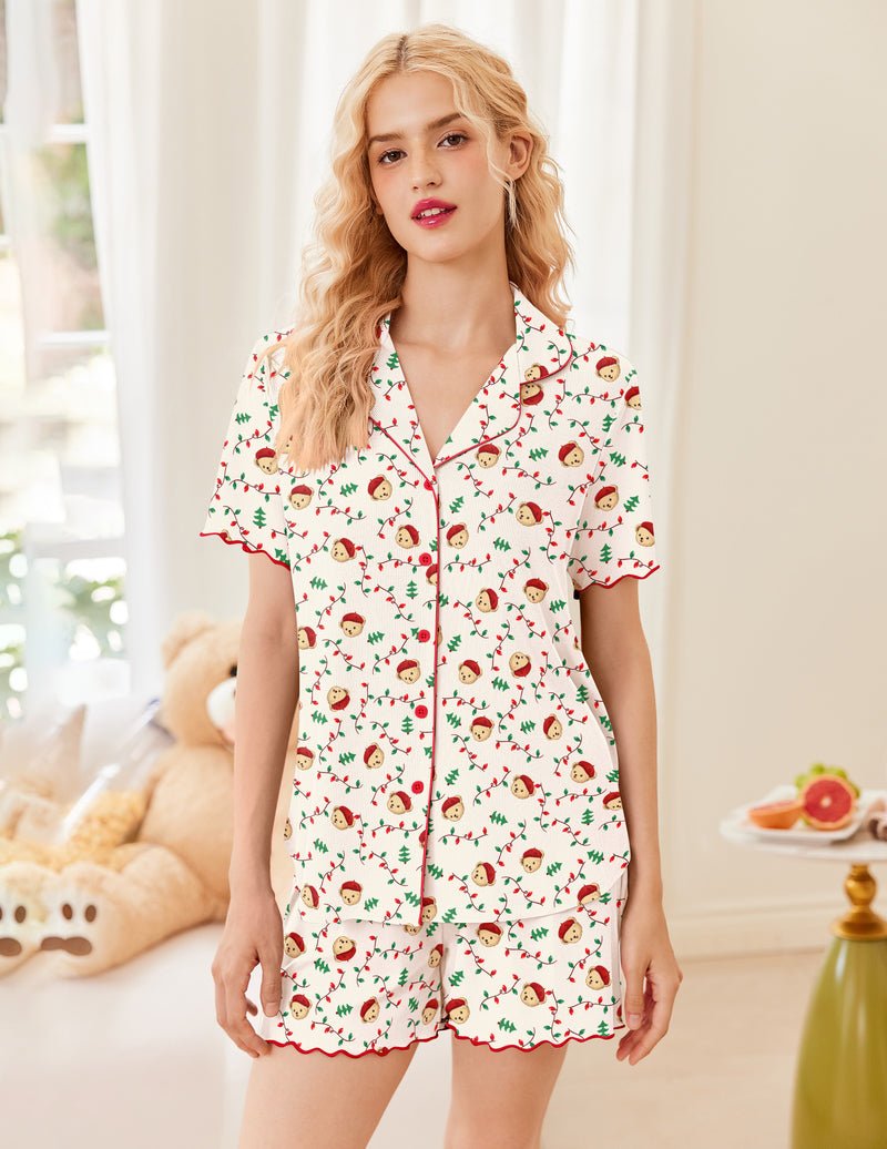 Weißes Teddy-Print Kurzarm-Set mit Knopfleiste und kurzen Shorts, rote Akzente