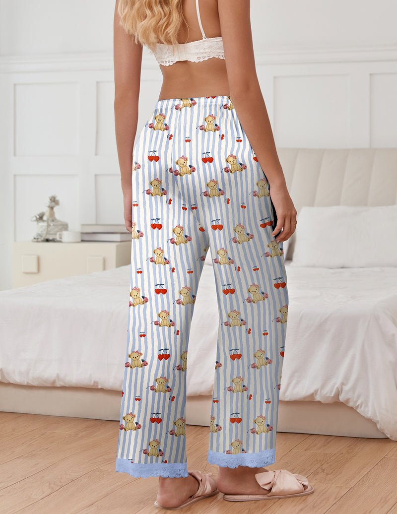 Light blue striped sleep pants with teddy faces and red bows, wide leg, elastic waistband