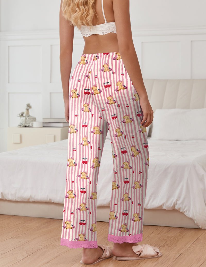 Pink striped sleep pants with teddy bear pattern and red bows, elastic waist and lace trim