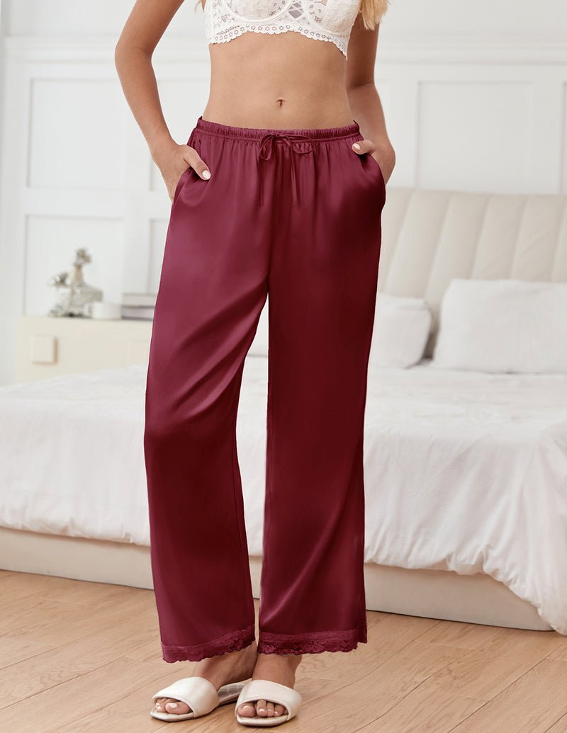 Bordeauxfarbene Satin-Pyjama-Hose mit elastischem Bund und Spitzensaum