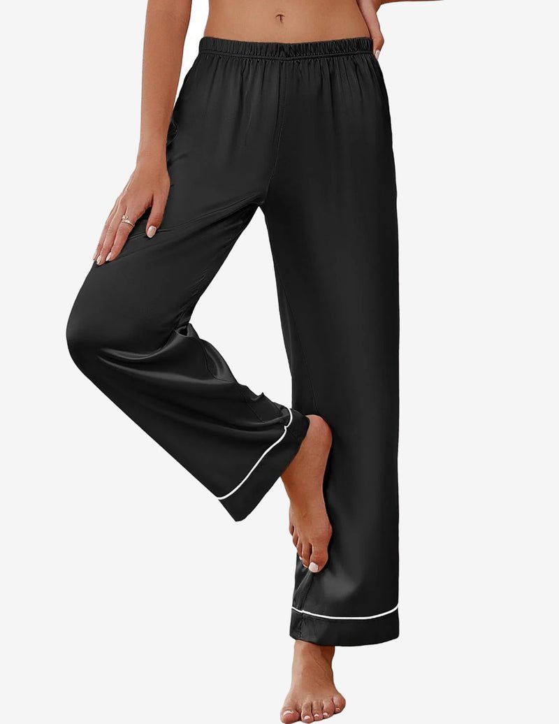 Silk satin pajama pants, black, loose fit with elastic waist and contrast trim