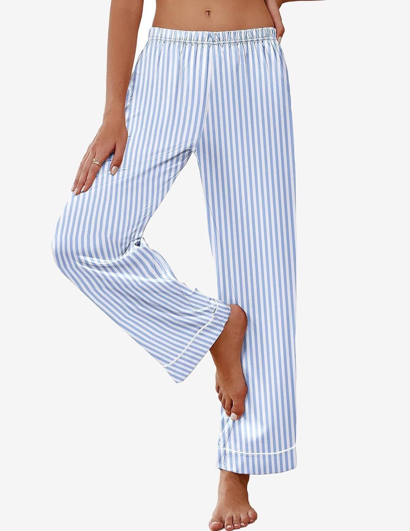 Light blue striped satin pajama pants with elastic waist and dark contrast piping.