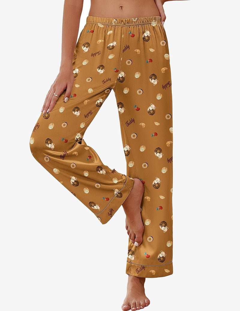 Silk satin pajama pants with teddy print, brown, loose fit and elastic waistband
