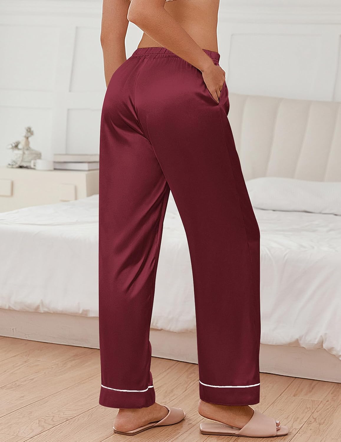 Silk satin pajama pants in burgundy with contrast-trim cuffs