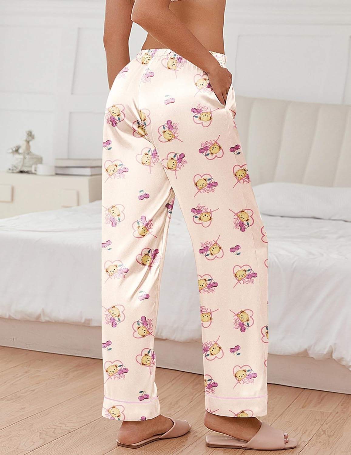 Pink teddy satin lounge pants, full length with elastic waist