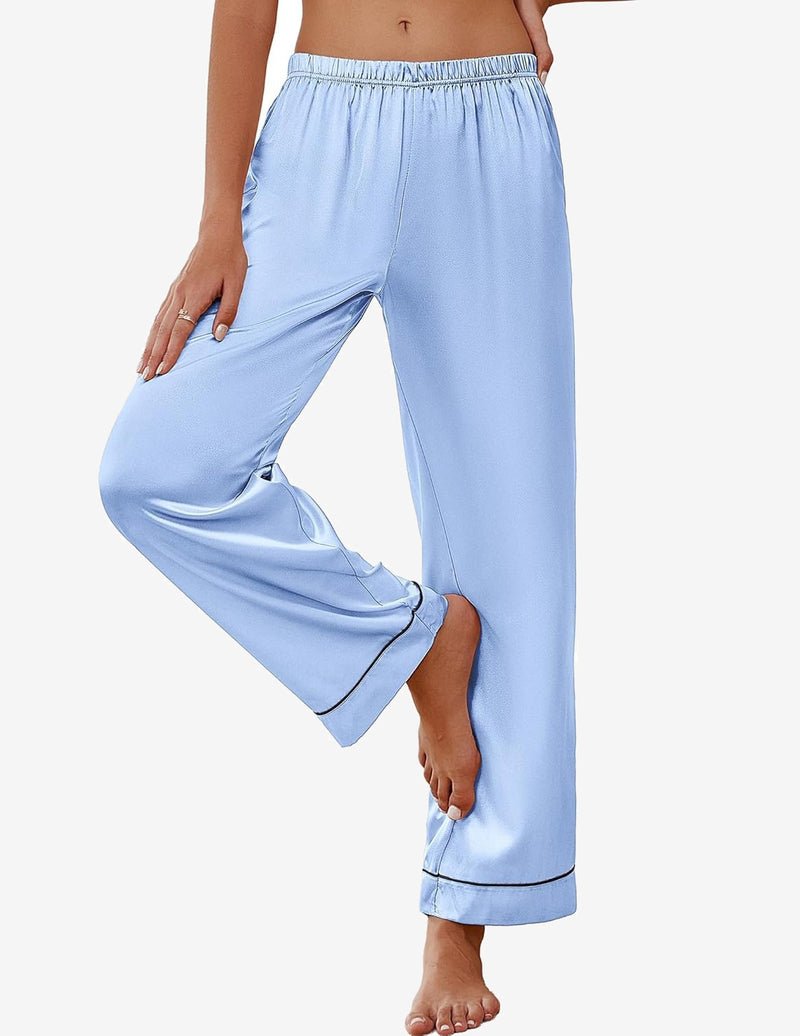 Light blue satin pajama pants with elastic waistband and dark piping at cuffs.