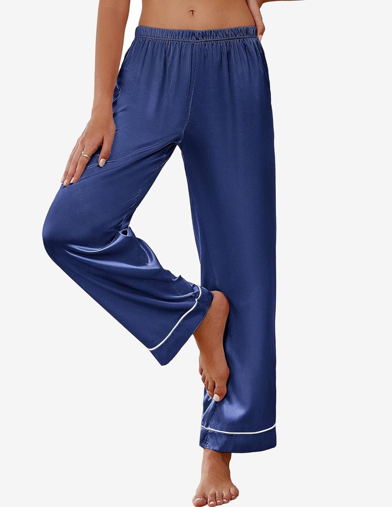 Teddy silk satin pajama pants, navy blue with piping detail, elastic waist and wide cuffs