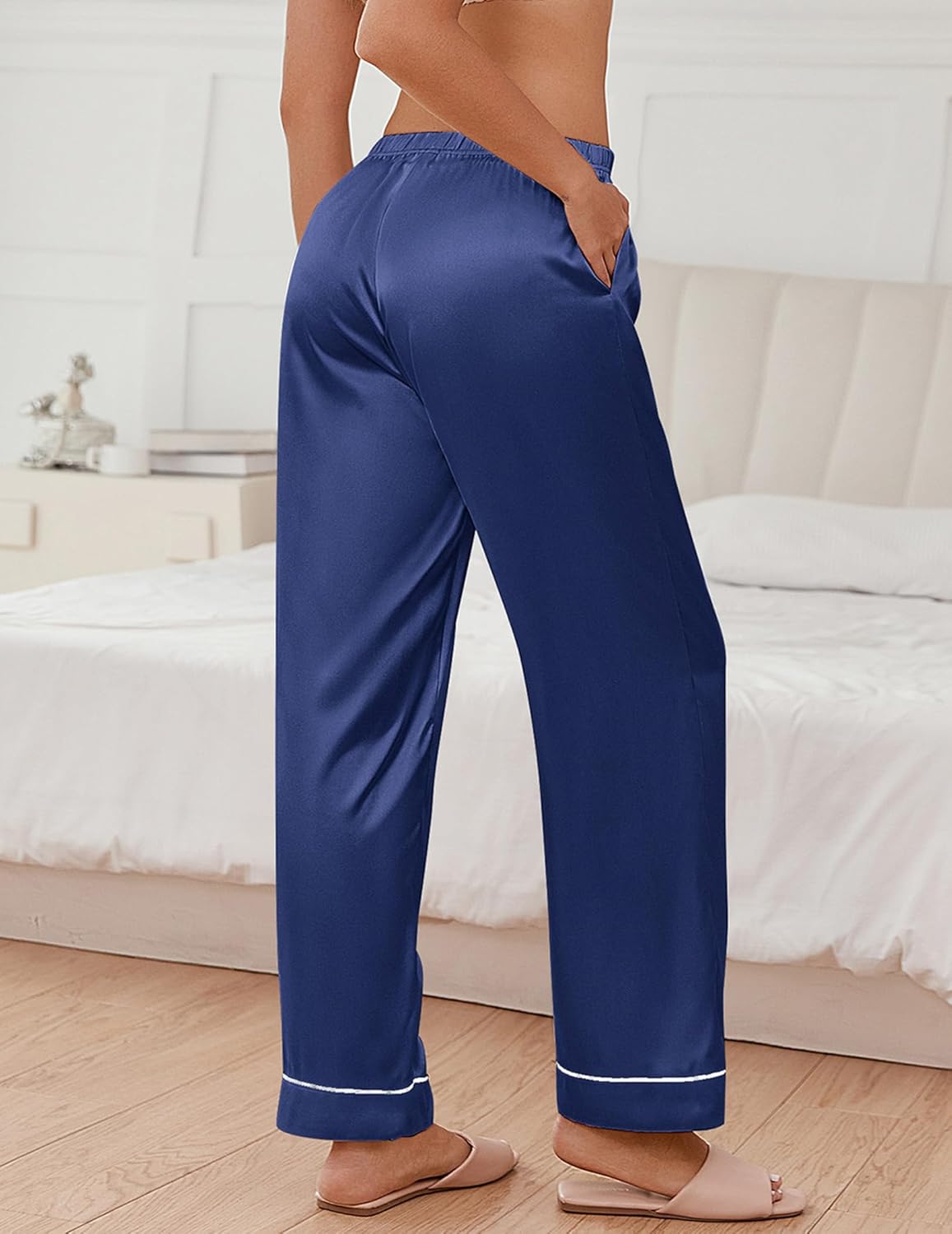 Teddy silk satin pajama pants, dark blue with contrasting piping, relaxed straight-leg cut