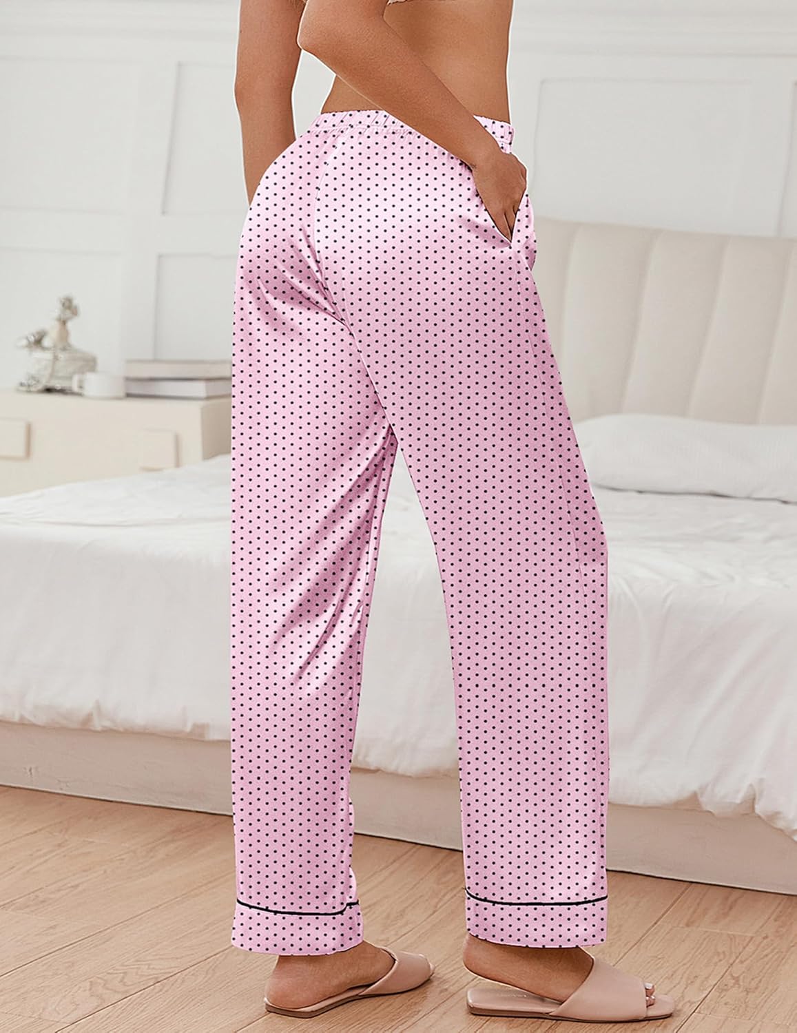 Teddy silk satin pajama pants, pink with dotted print, elastic waistband and cuffed hem