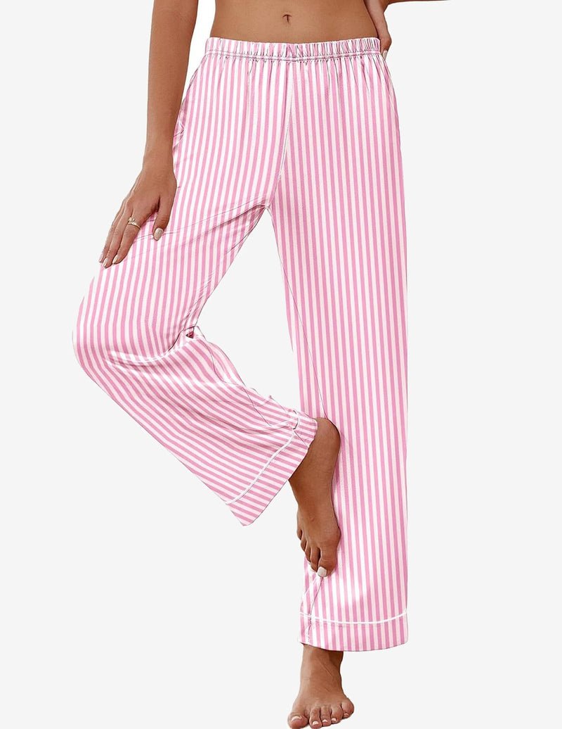 Teddy silk satin pajama pants, pink-and-white pinstripe, elastic waistband and cuffed hems