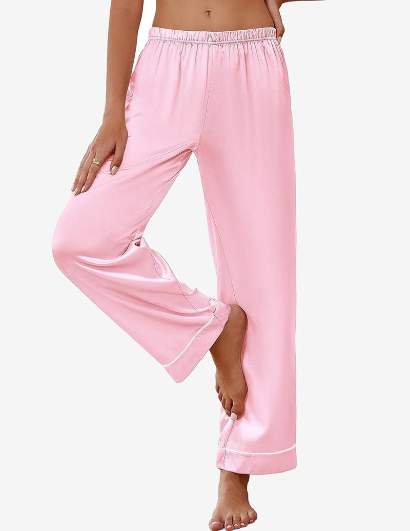 Teddy silk satin pajama pants, solid light pink with contrast piping, elastic waistband