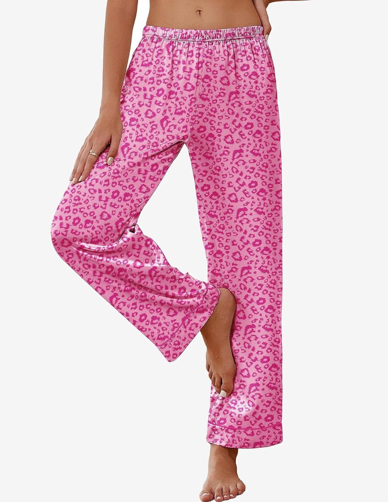 Silk satin pajama pants in pink leopard print with elastic waist